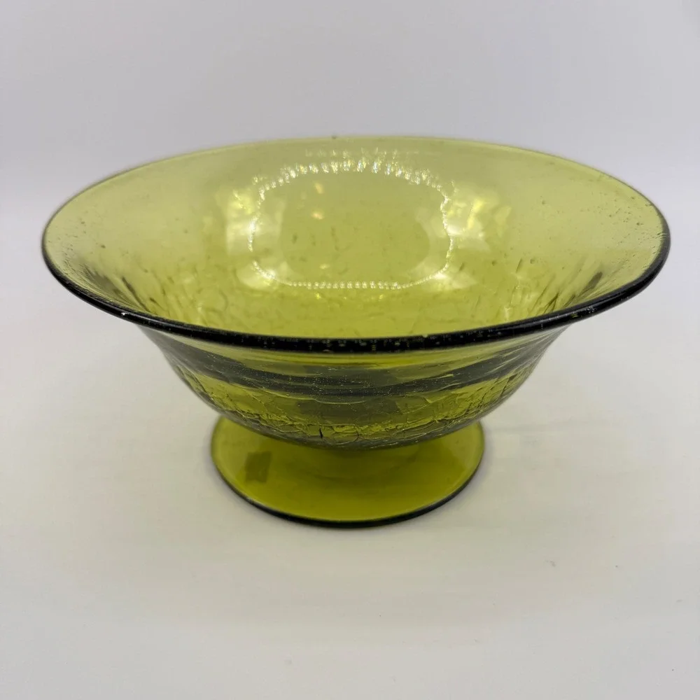 Blenko 931 Chartreuse Green Crackle Glass Footed Bowl Mid Century Modern MCM